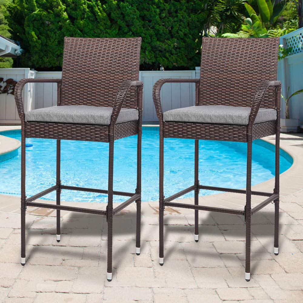 Outdoor Wicker Bar Stools Set of 2 with Cushions
