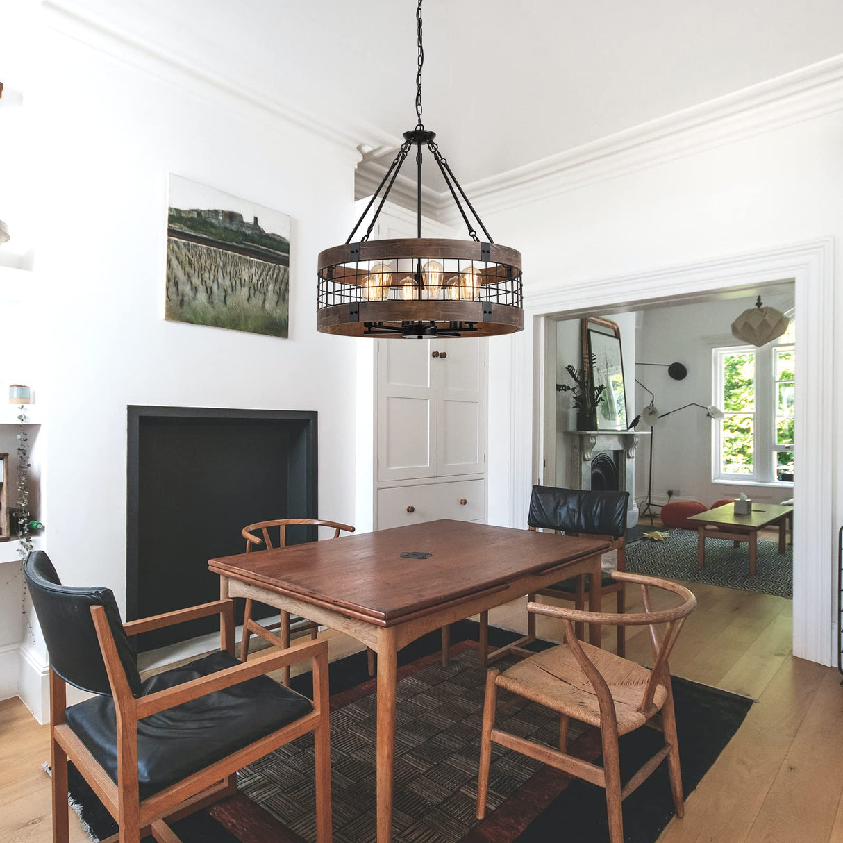 LamQee 24 Inch Farmhouse Dining Room Light Fixture, 6 Lights Modern Farmhouse Chandelier with Wood and Black Metal Shade, Large Rustic Chandeliers Hanging Pendant Lighting for Kitchen Entryway Foyer