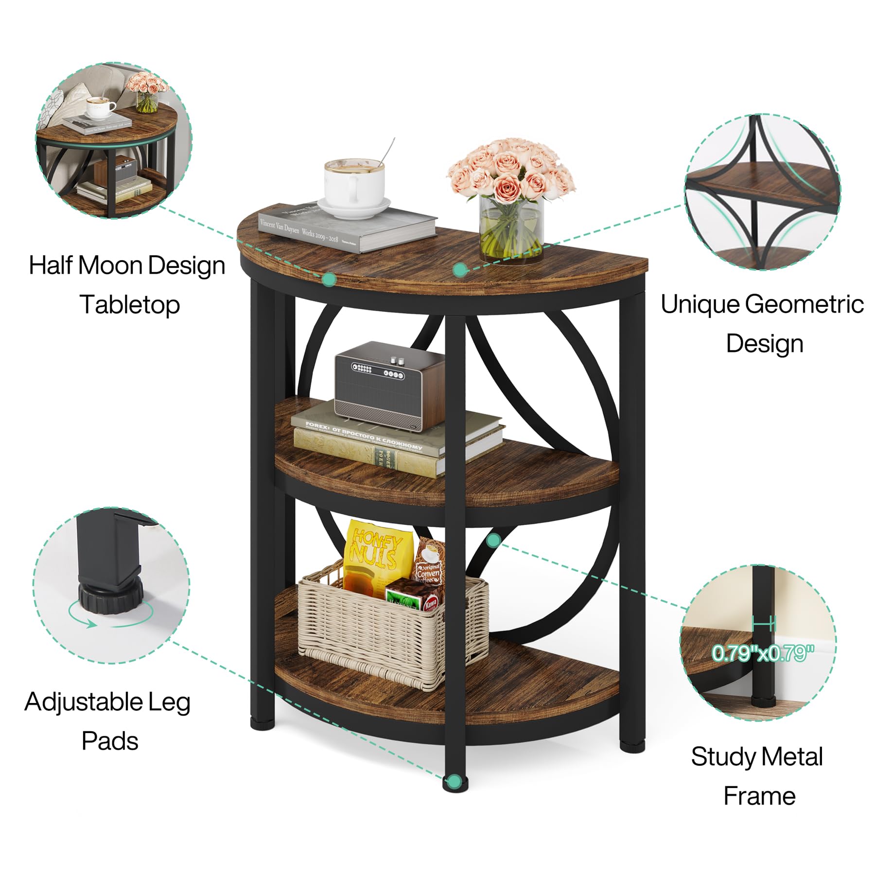Half Round End Table, 3-Tier Narrow Side Table with Metal Frame, Half Circle Table
