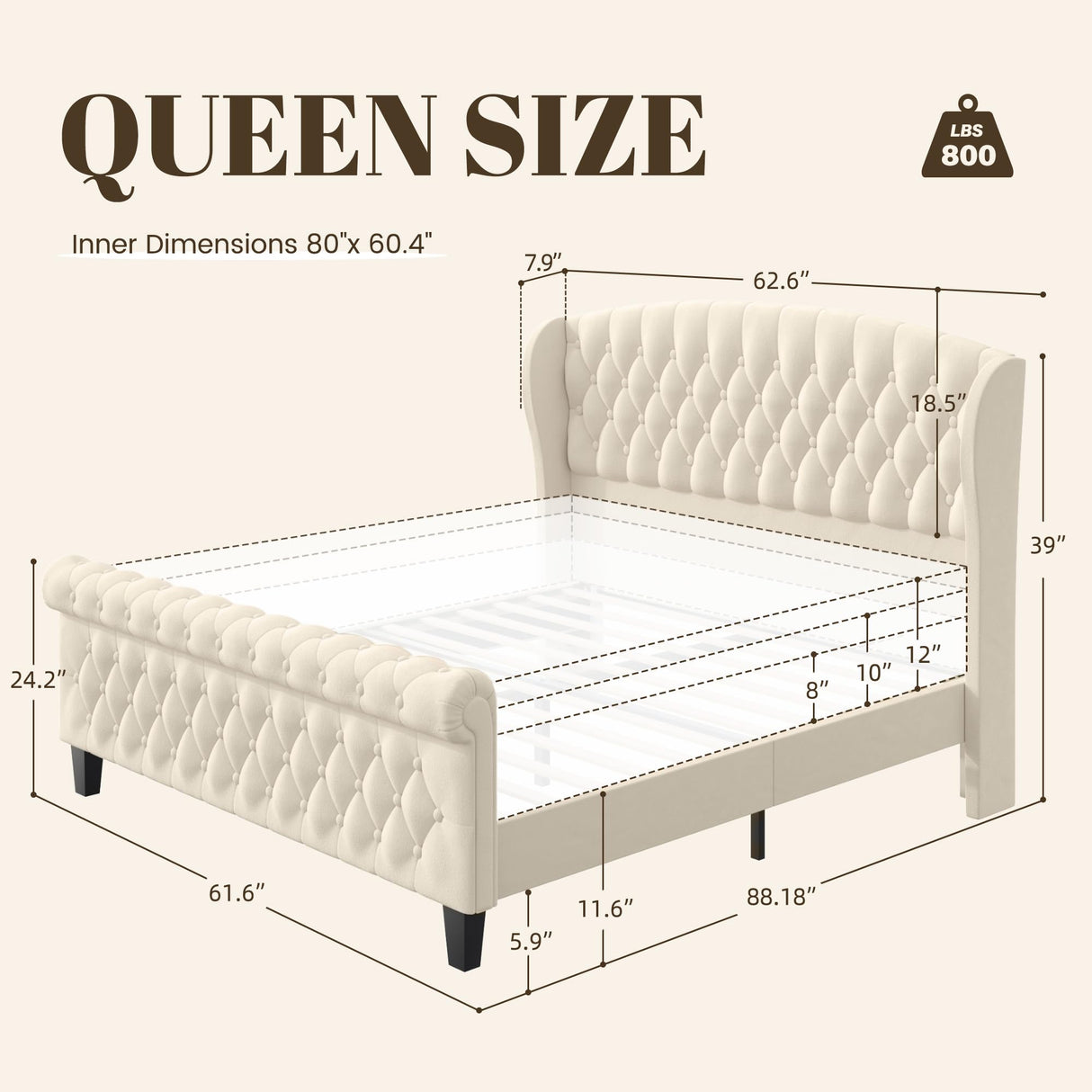 Queen Velvet Upholstered Sleigh Bed Frame with Wingback Headboard