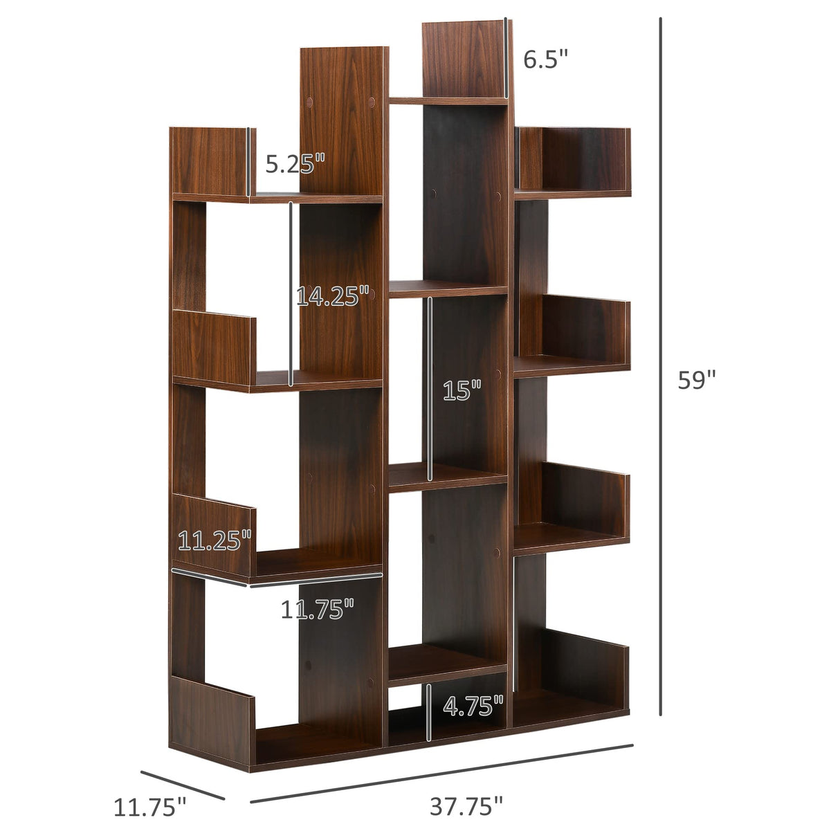Tree Bookshelf, Modern Freestanding Bookcase with 13 Open Shelves, Display Unit for Living Room, Study or Office, Brown