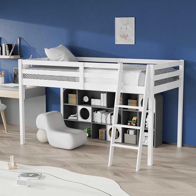 Junior Low Loft Bed with Stairs, White Wood Loft Bed Full Size for Adults, Kids and Young