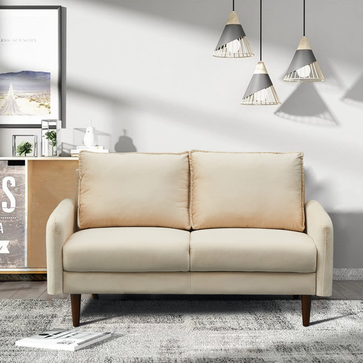 Velvet Loveseat Mid-Century Modern Sofa Tufted Couch with Wooden Legs for Living Room - Beige