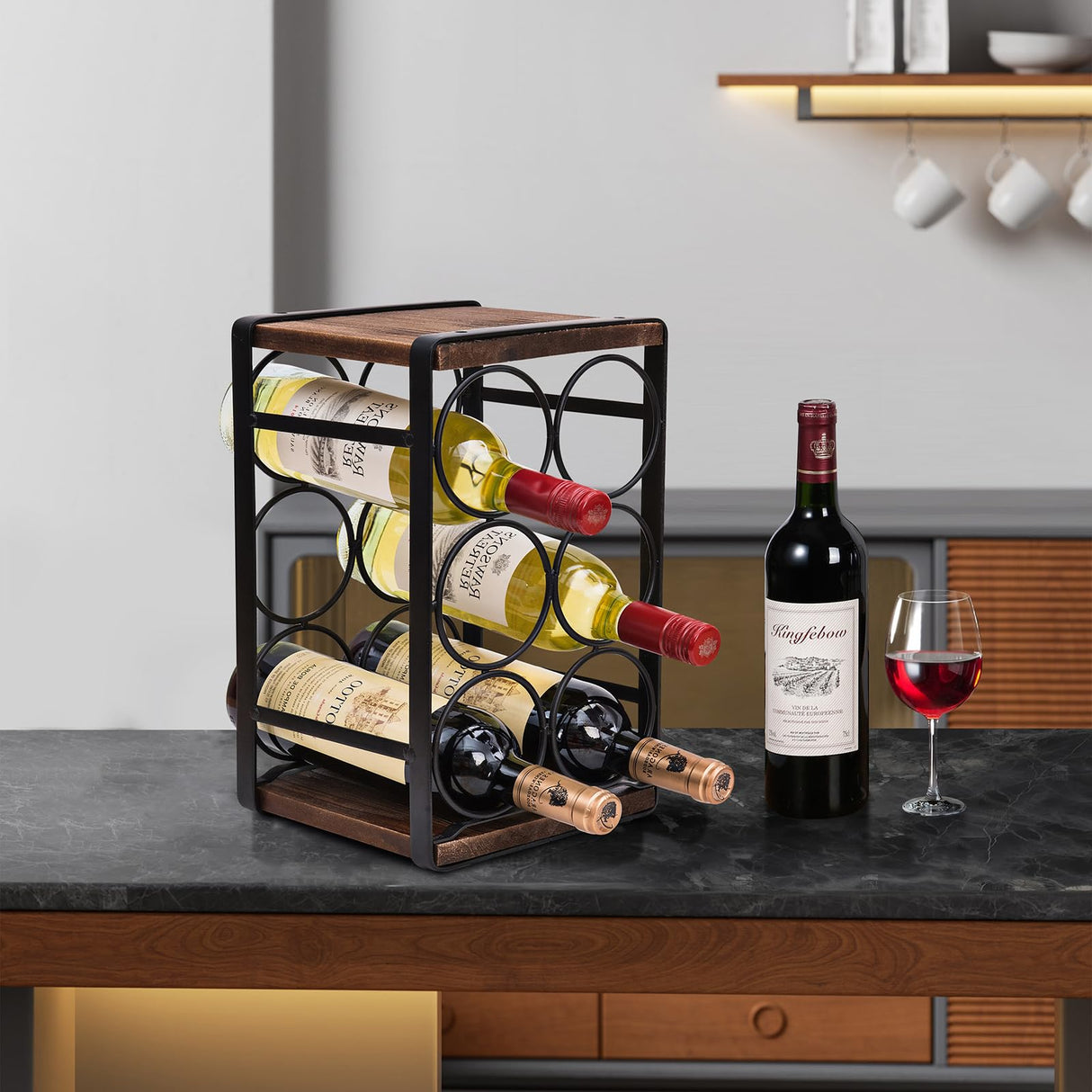 Rustic Wood & Metal Wine Rack – 6 Bottle Countertop Holder