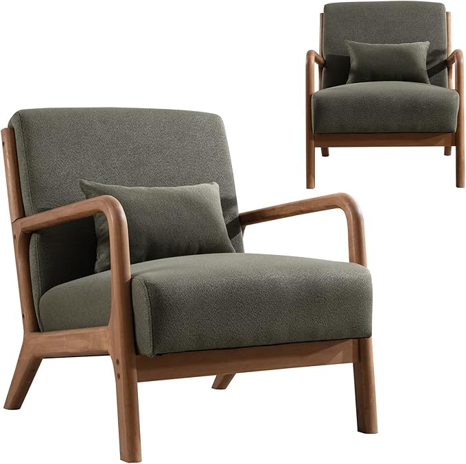 Mid Century Modern Accent Chair with Wood Frame, Upholstered Living Room Chairs