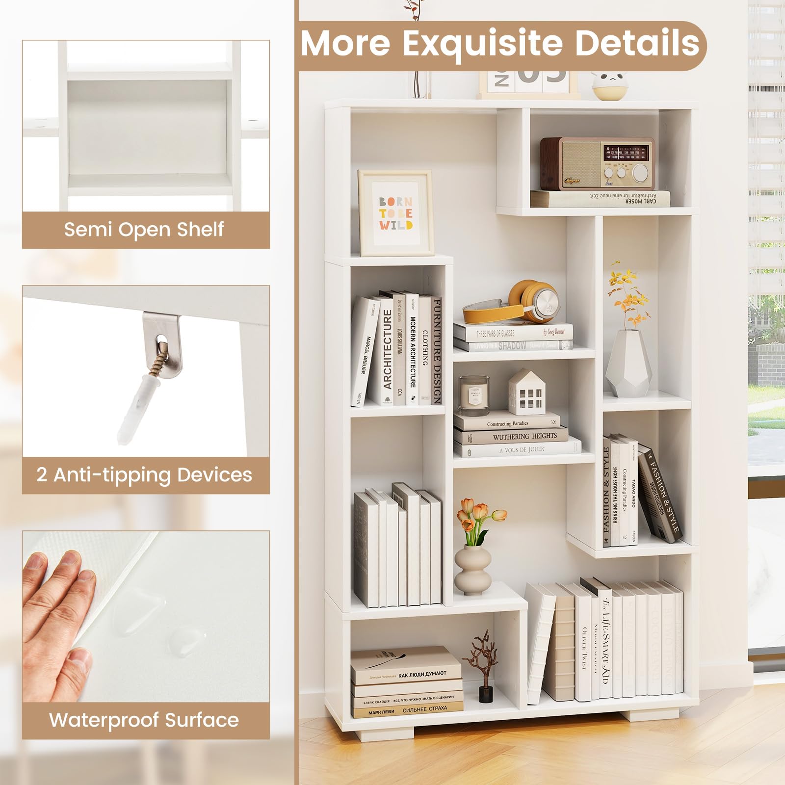 Geometric Bookshelf, 47 Inch Tall Bookcase with Multiple Open Shelves