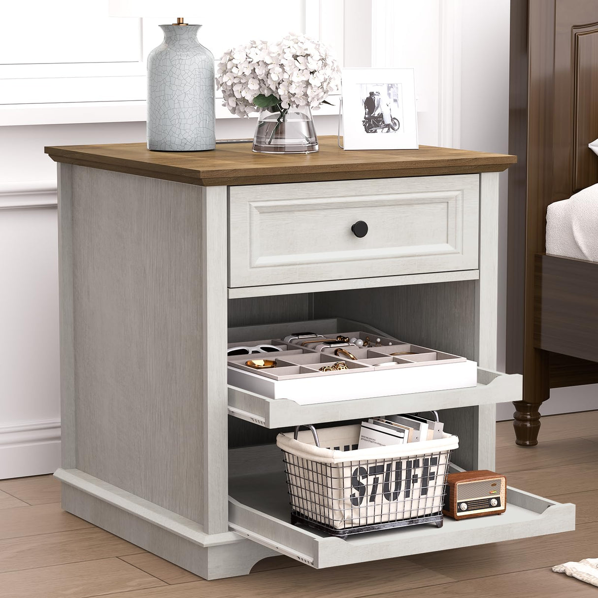 REDAYFUR 24" Large End Table with Charging Station, Sofa Side Table with Drawers, Square Storage Table with 2 Open Mind Drawers & Adjustable Storage Shelf for Living Room,Study Room,Antique White