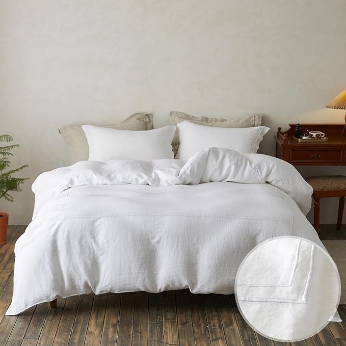 100% Washed Linen Duvet Cover with Embroidered,Queen Size(88"x 92")