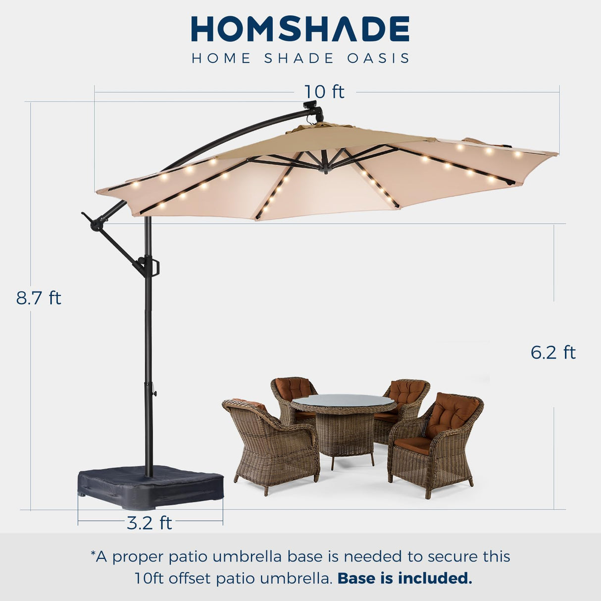 10ft Solar Lights Offset Cantilever Patio Umbrella - w/Light and Base