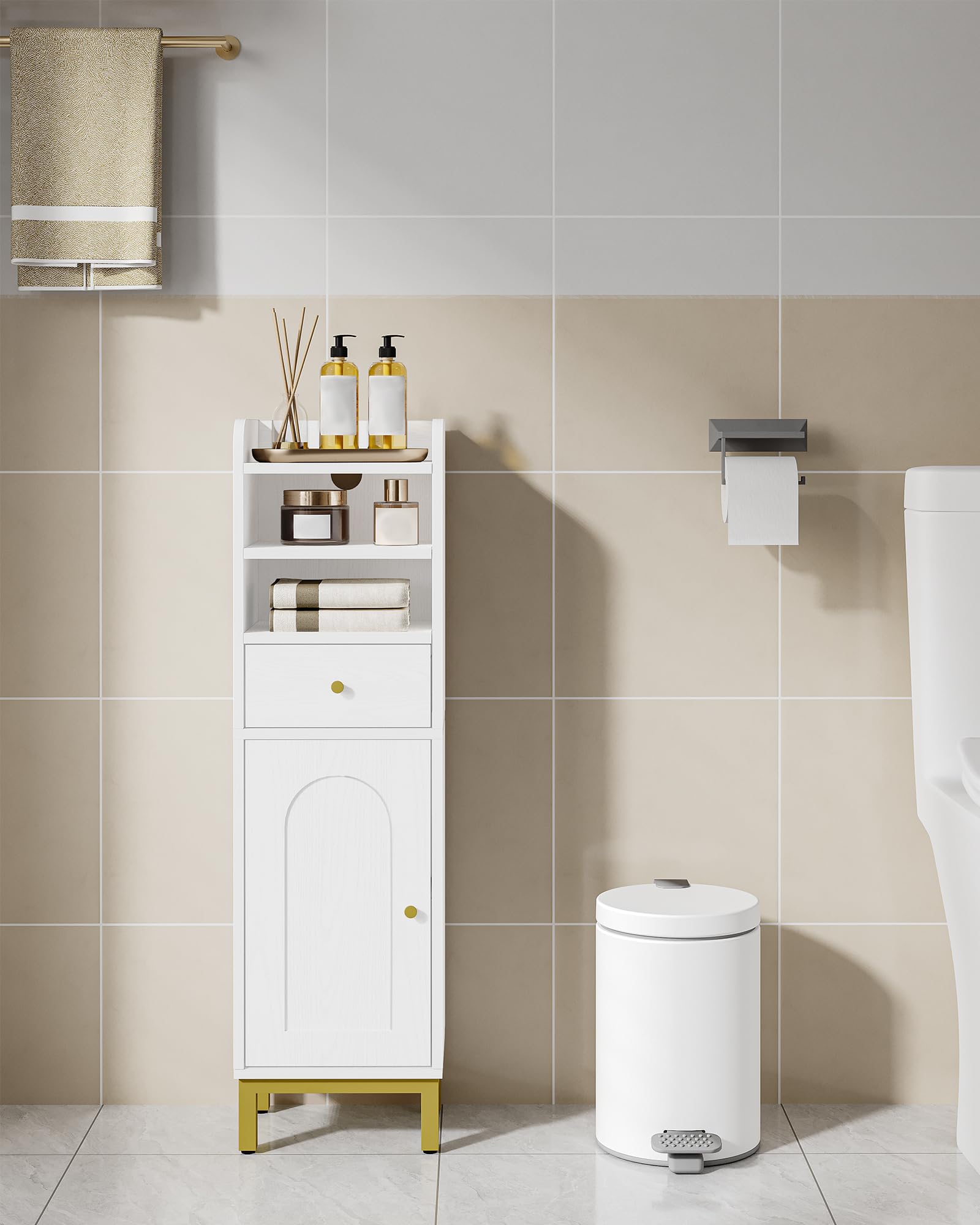 Bathroom Storage Cabinet, Corner Floor Cabinet with Drawers and Doors, Narrow Toilet