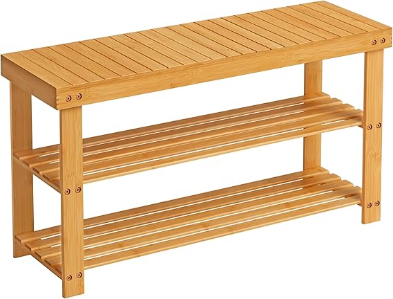 Shoe Rack Bench, 3-Tier Bamboo Shoe Storage Organizer