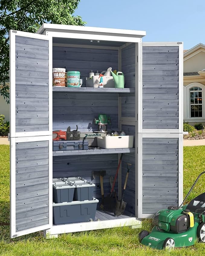 Outdoor Storage Cabinet with 3 Shelves, Double Lockable Wooden Garden Shed