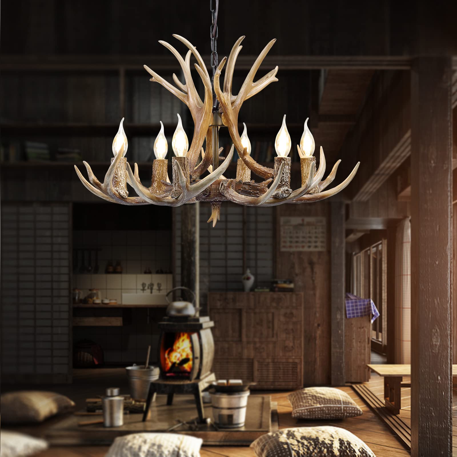 HUITICO Rustic Antler Chandelier Lighting, 6 Light Resin Deer Antler Chandelier Vintage Style for Living Room Dining Room Bedroom Retro Deer Horn Cabin Light
