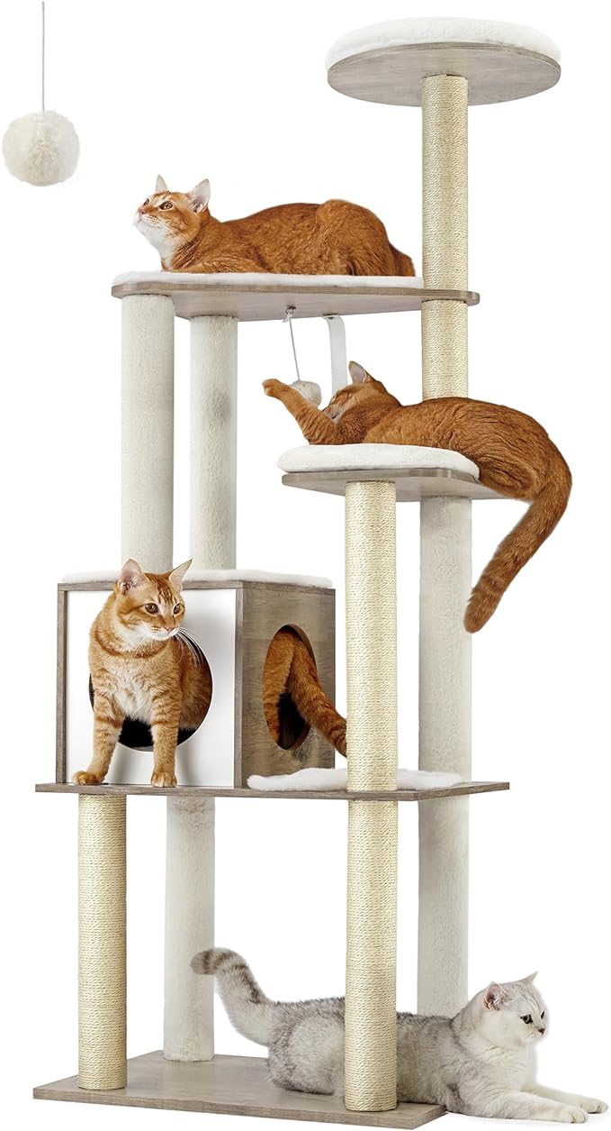 WoodyWonders Cat Tree, 65-Inch Modern Cat Tower for Indoor Cats