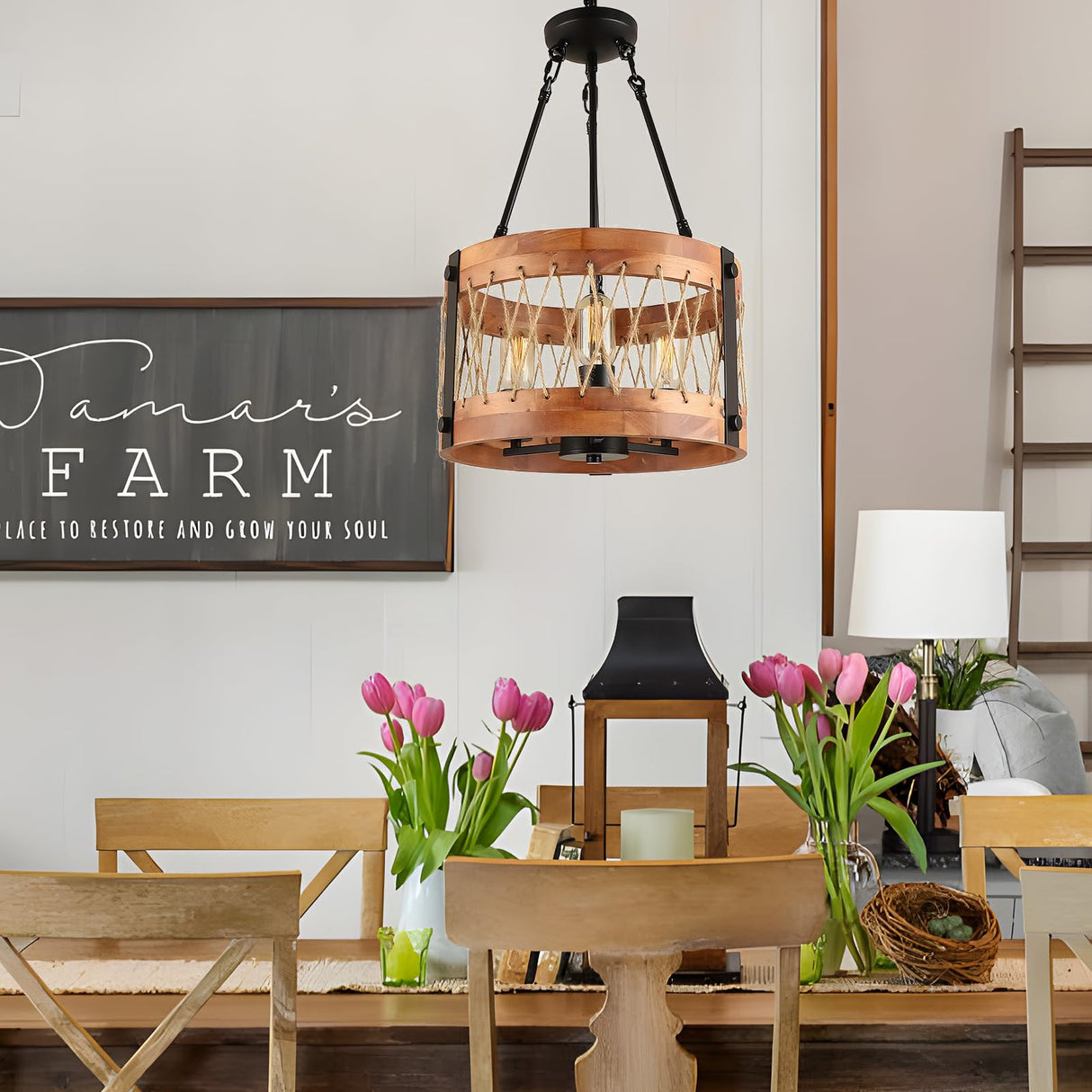 3-Light Farmhouse Drum Chandelier for Dining Room, 83.5" Height Adjustable