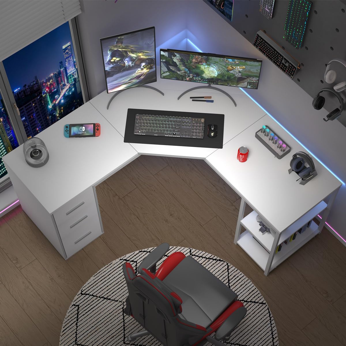 White L Shaped Corner Desk with Drawers, Reversible Modern L-Shaped Computer