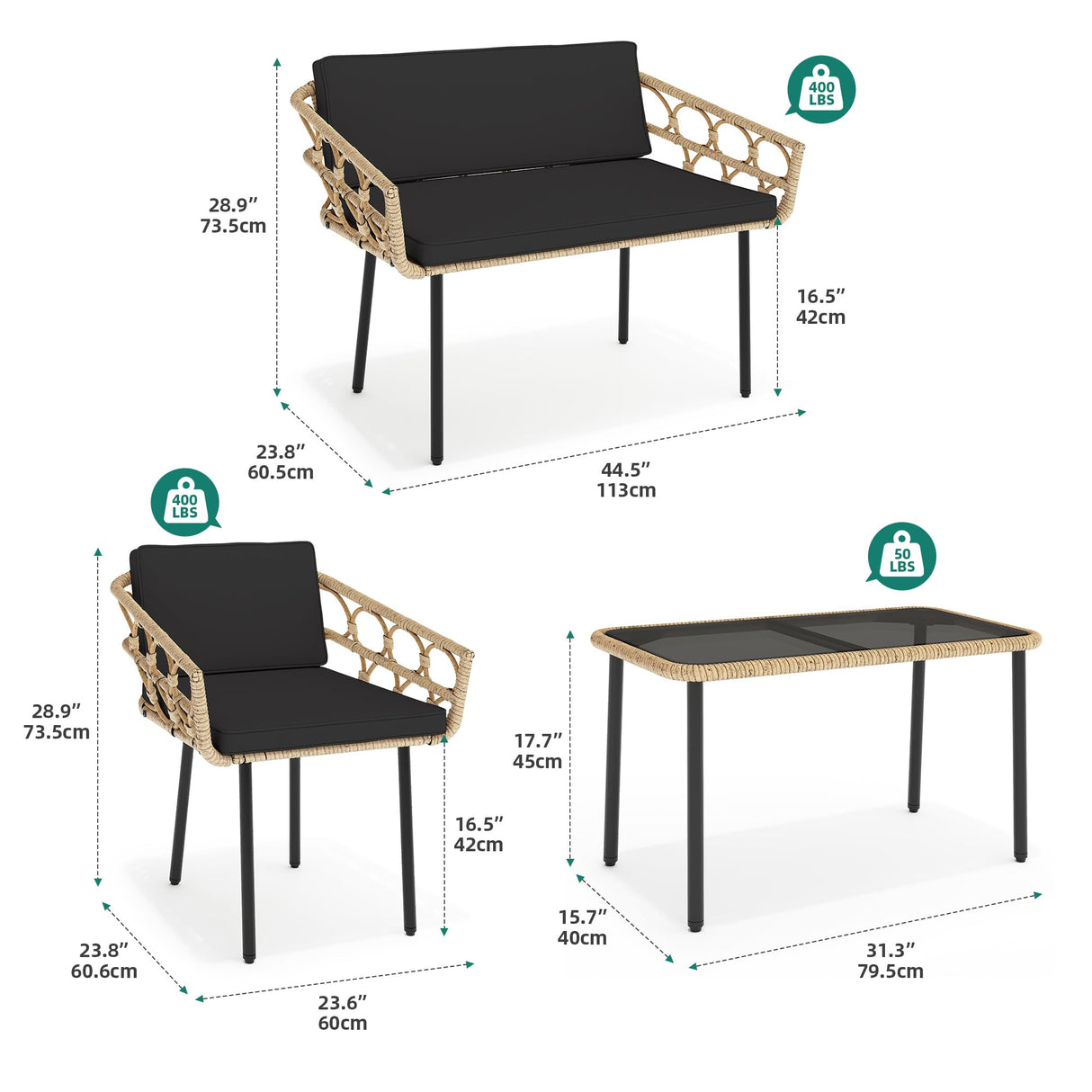 YITAHOME 4 Pieces Patio Furniture Set, Wicker Outdoor Bistro Set, All-Weather Rattan Conversation Set with Loveseat Chairs Table Cushions for Backyard, Pool, Deck, Garden – Black