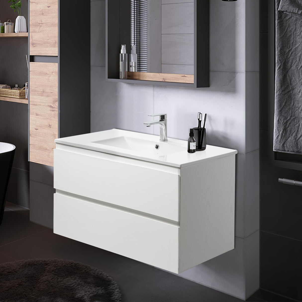 36" White Bathroom Vanity Wall Mounted Floating Vanity Two Drawers Storage Cabinet