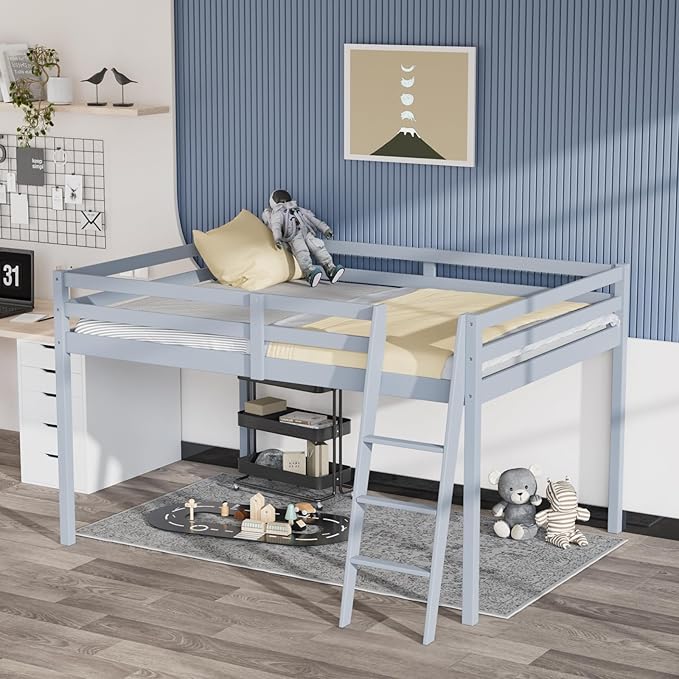 Junior Low Loft Bed with Stairs, White Wood Loft Bed Full Size for Adults, Kids and Young