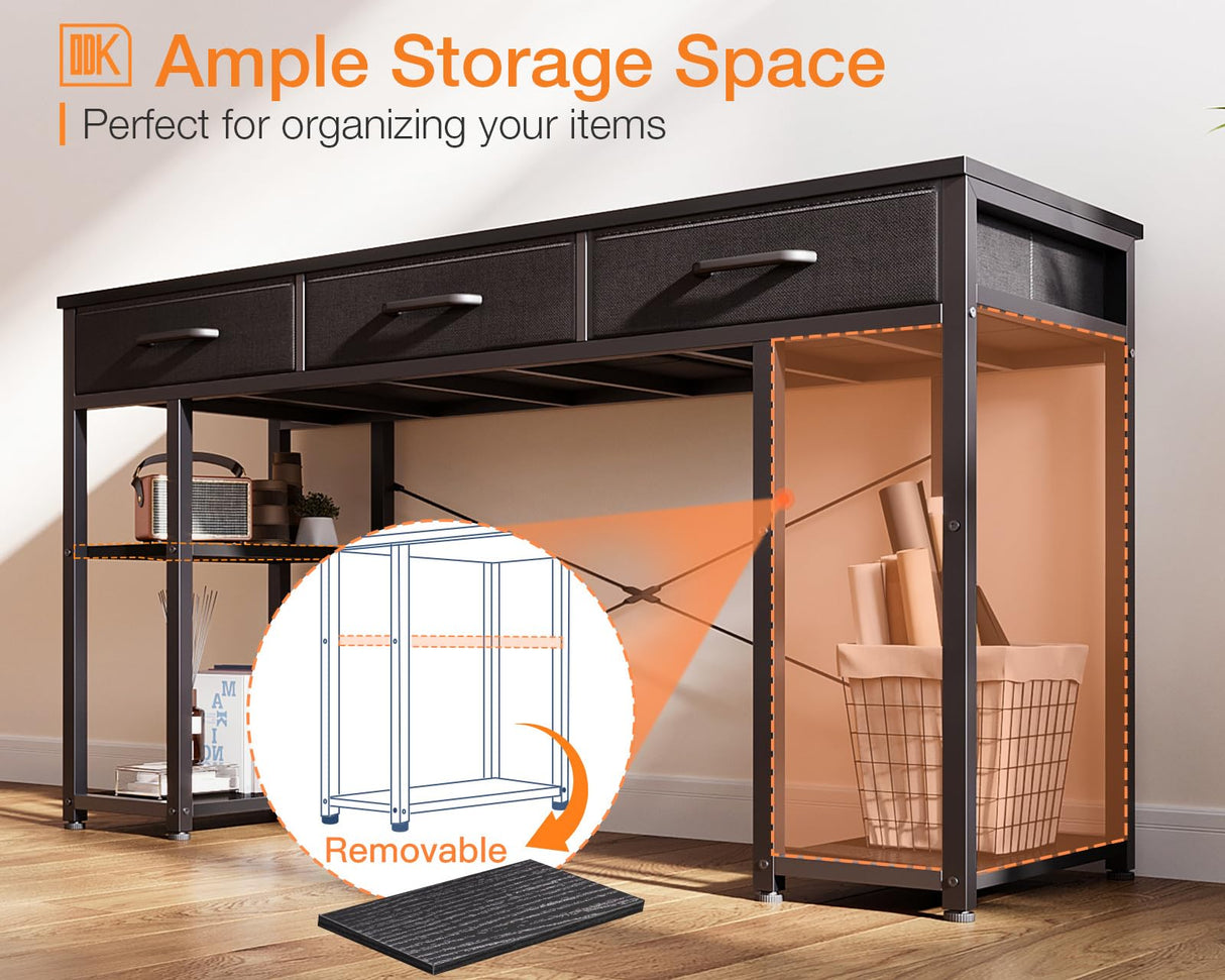 Small Computer Desk: Home Table with Fabric Drawers & Storage Shelves, Modern Writing Desk, Black, 48"x16"