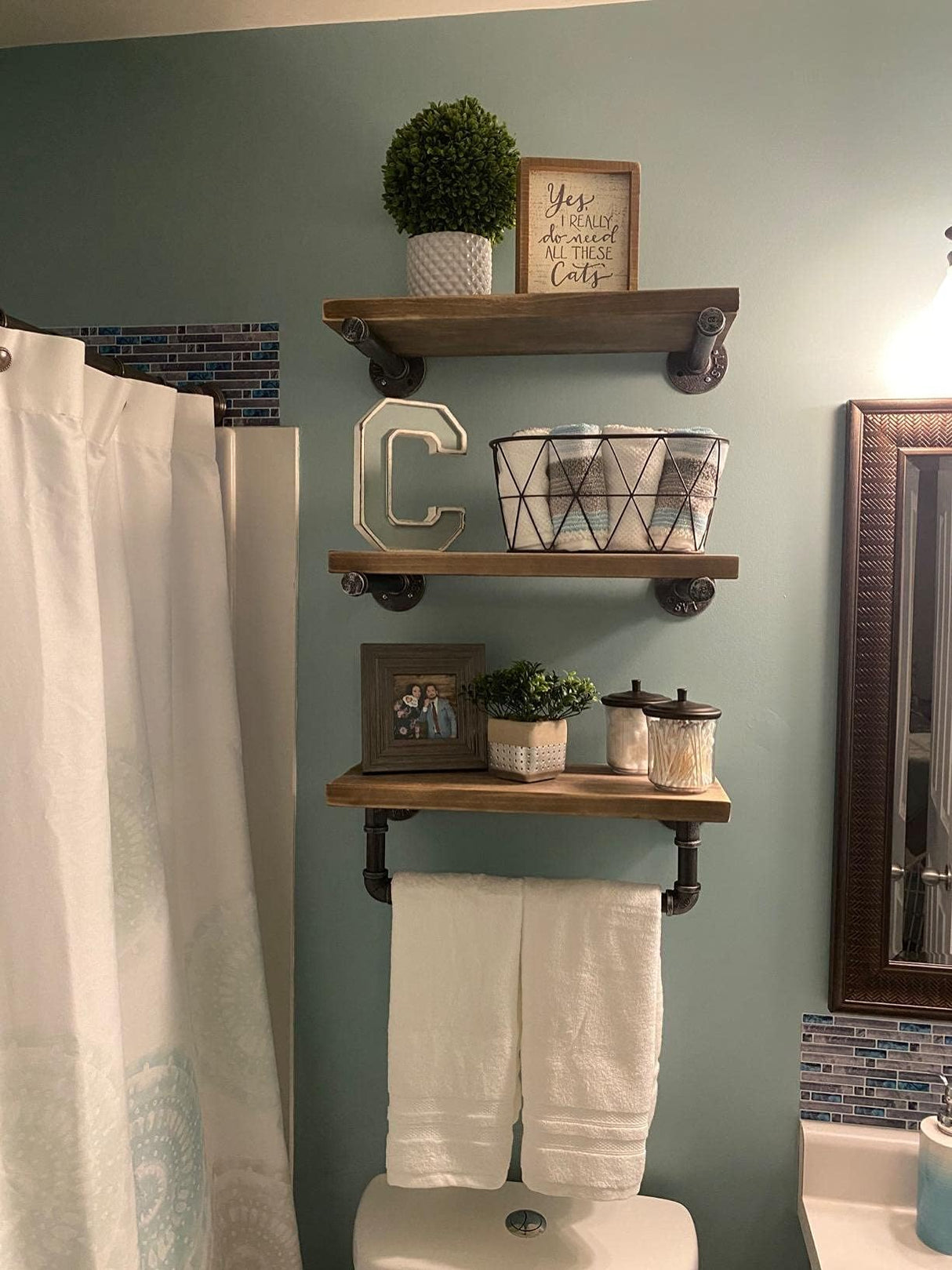 Industrial Pipe Shelving Shelves Bookcase Rustic Wood Metal Wall Mounted Towel Bar