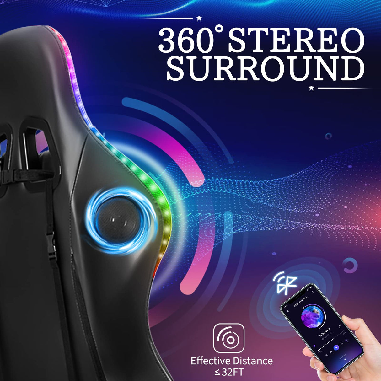 Ergonomic Gaming Chair with Massage, Bluetooth Speakers & RGB LED Lights