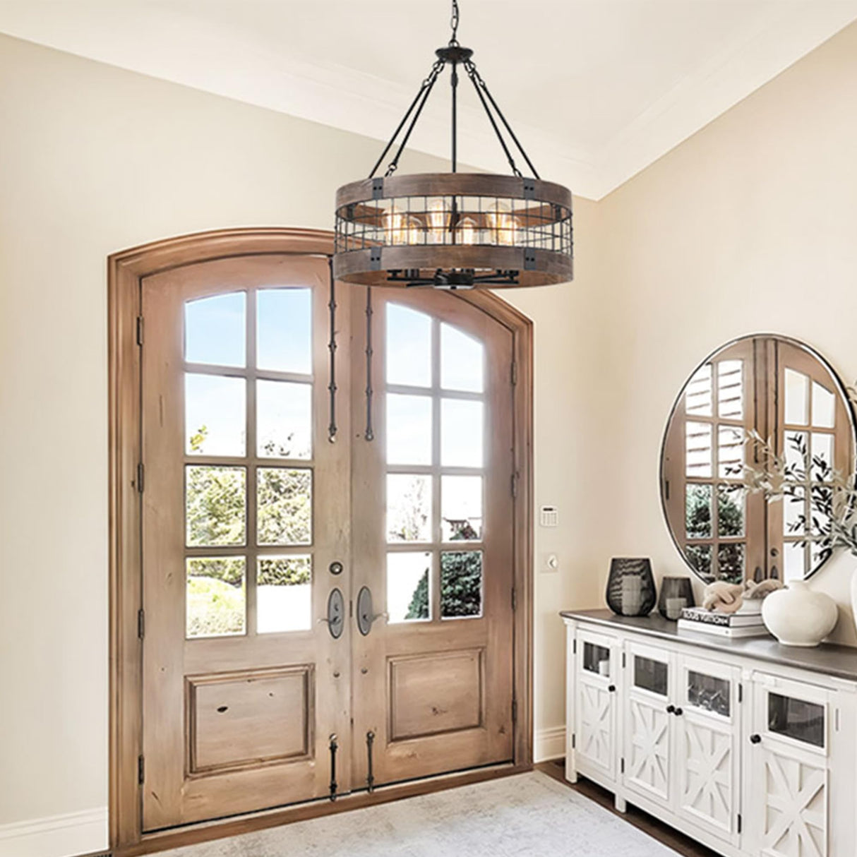 LamQee 24 Inch Farmhouse Dining Room Light Fixture, 6 Lights Modern Farmhouse Chandelier with Wood and Black Metal Shade, Large Rustic Chandeliers Hanging Pendant Lighting for Kitchen Entryway Foyer