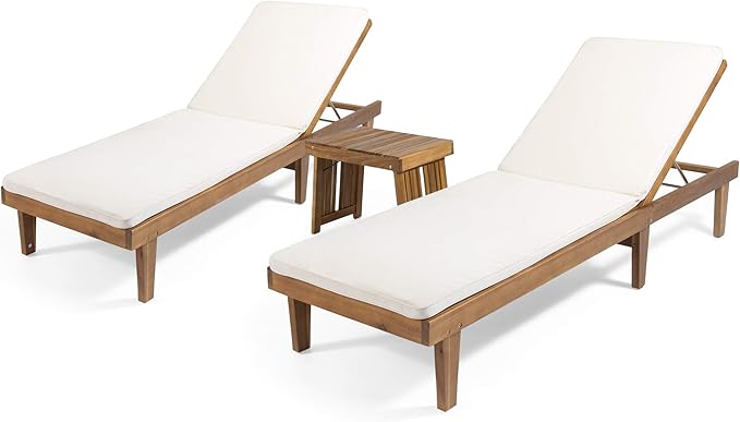 Garfield Outdoor Acacia Wood 3 Piece Chaise Lounge Set, Teak Finish, Blue