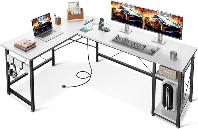 L Shaped Computer Desk 66" with Power Outlet & Storage Shelves