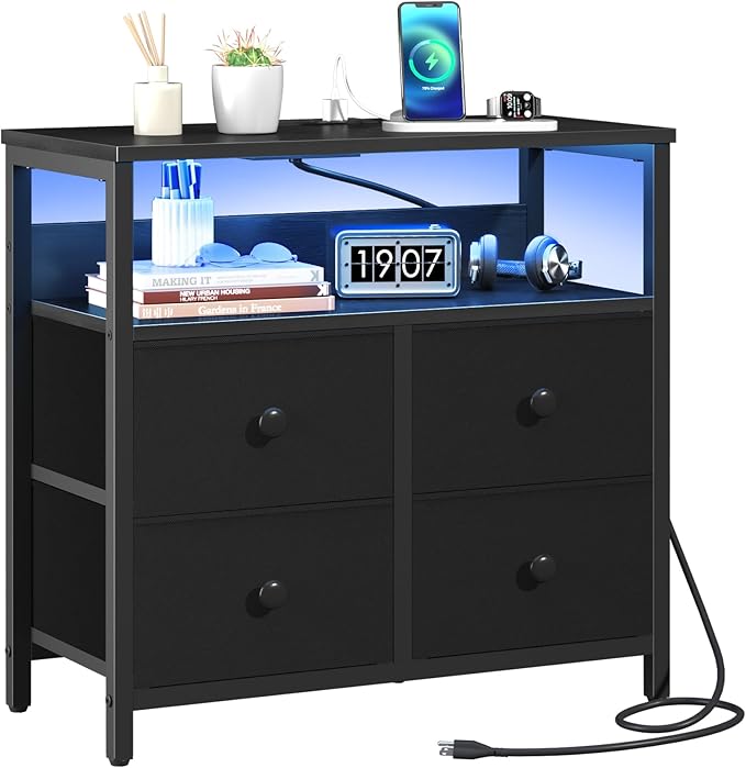 Night Stand with Charge Station, Nightstand with 4 Drawers Bedside Table, LED Dresser