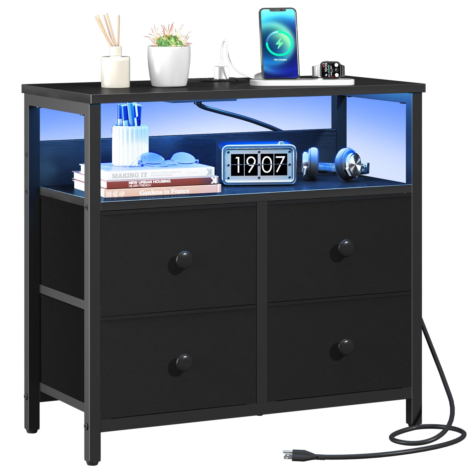 Night Stand with Charge Station, Nightstand with 4 Drawers Bedside Table, LED Dresser