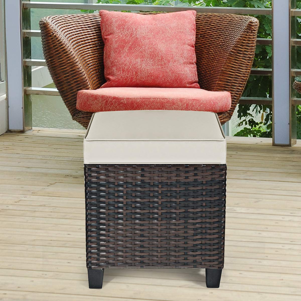 Outdoor Ottoman Set of 2, All Weather Rattan Wicker Patio Ottoman w/Removable