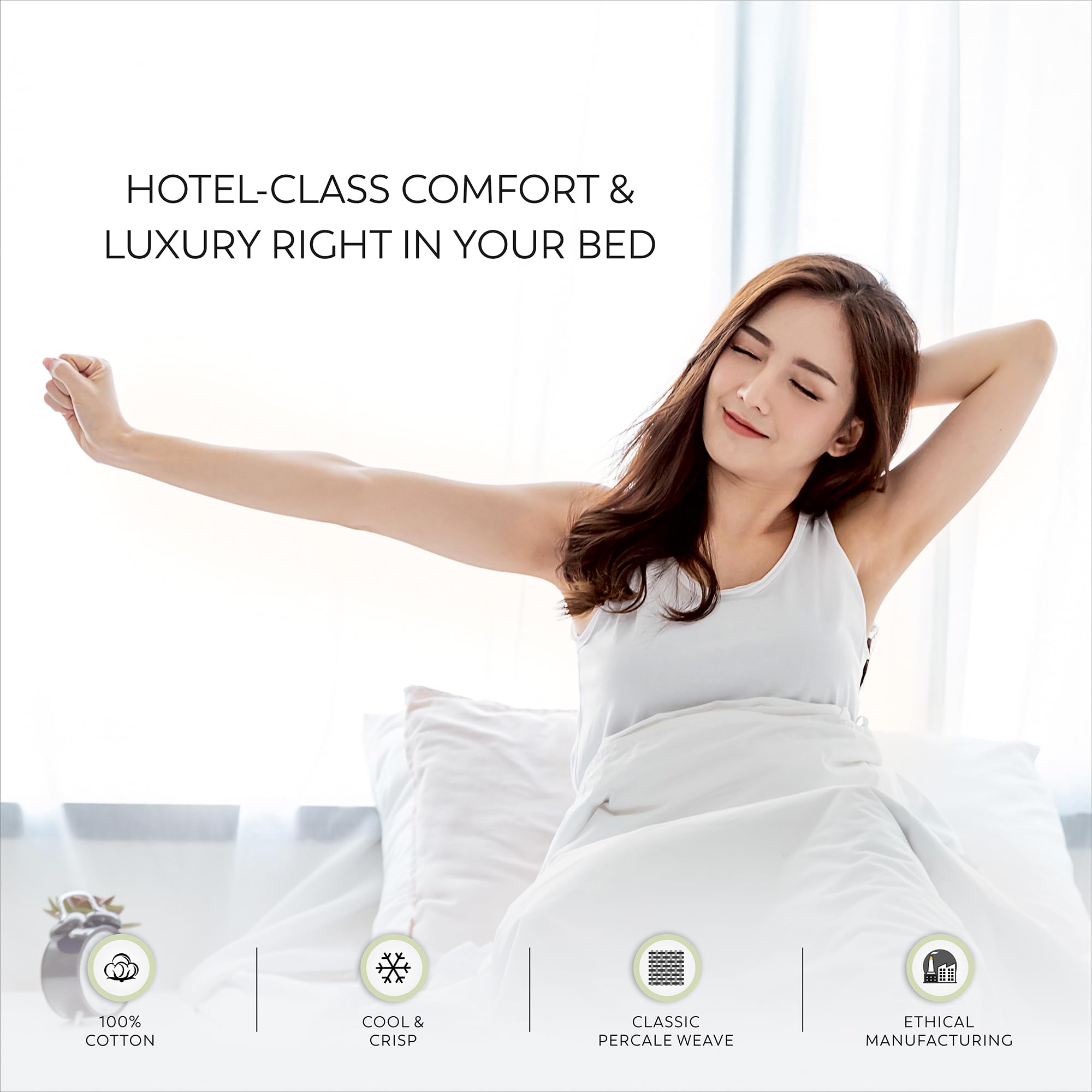 100% Cotton Sheets, White Queen Bed, 400 Thread Count Percale Weave Cooling Sheets,