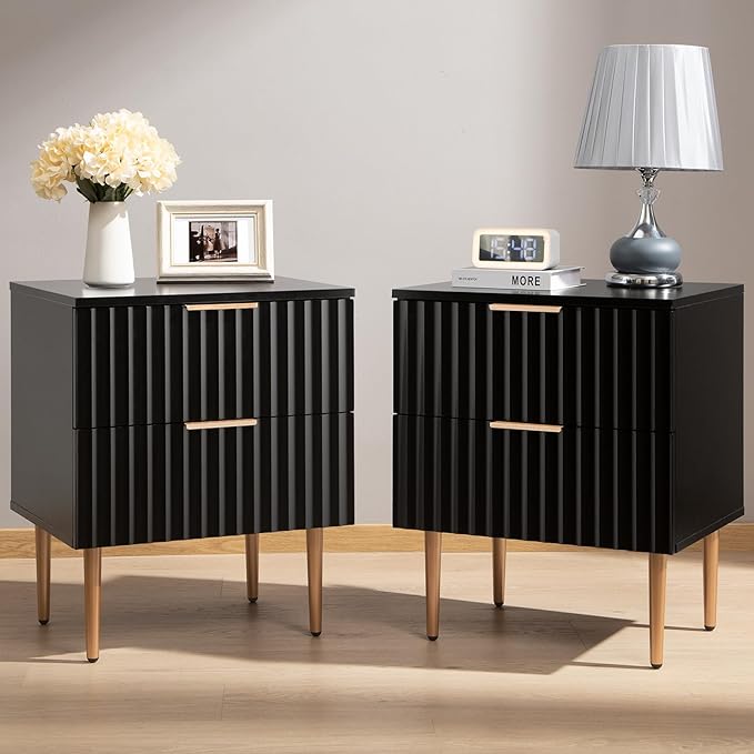 White Night Stand Set 2, Wide Fluted Nightstand