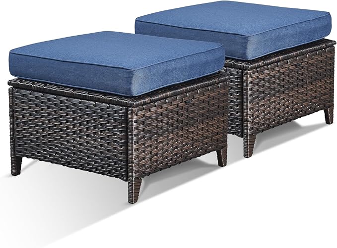 Patio Ottomans Set of 2 Outdoor Ottomans Wicker Foot Stools 2 Piece Footrest PE