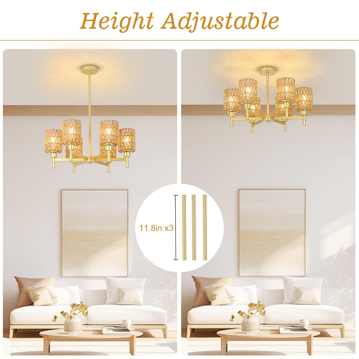 6-Lights Gold Chandelier Light Fixture - Boho Rattan Chandeliers for Dining Room, Farmhouse Kitchen Lighting Fixtures Ceiling, Hanging Pendant lights for Kitchen Island Bedroom Living Room Nursery