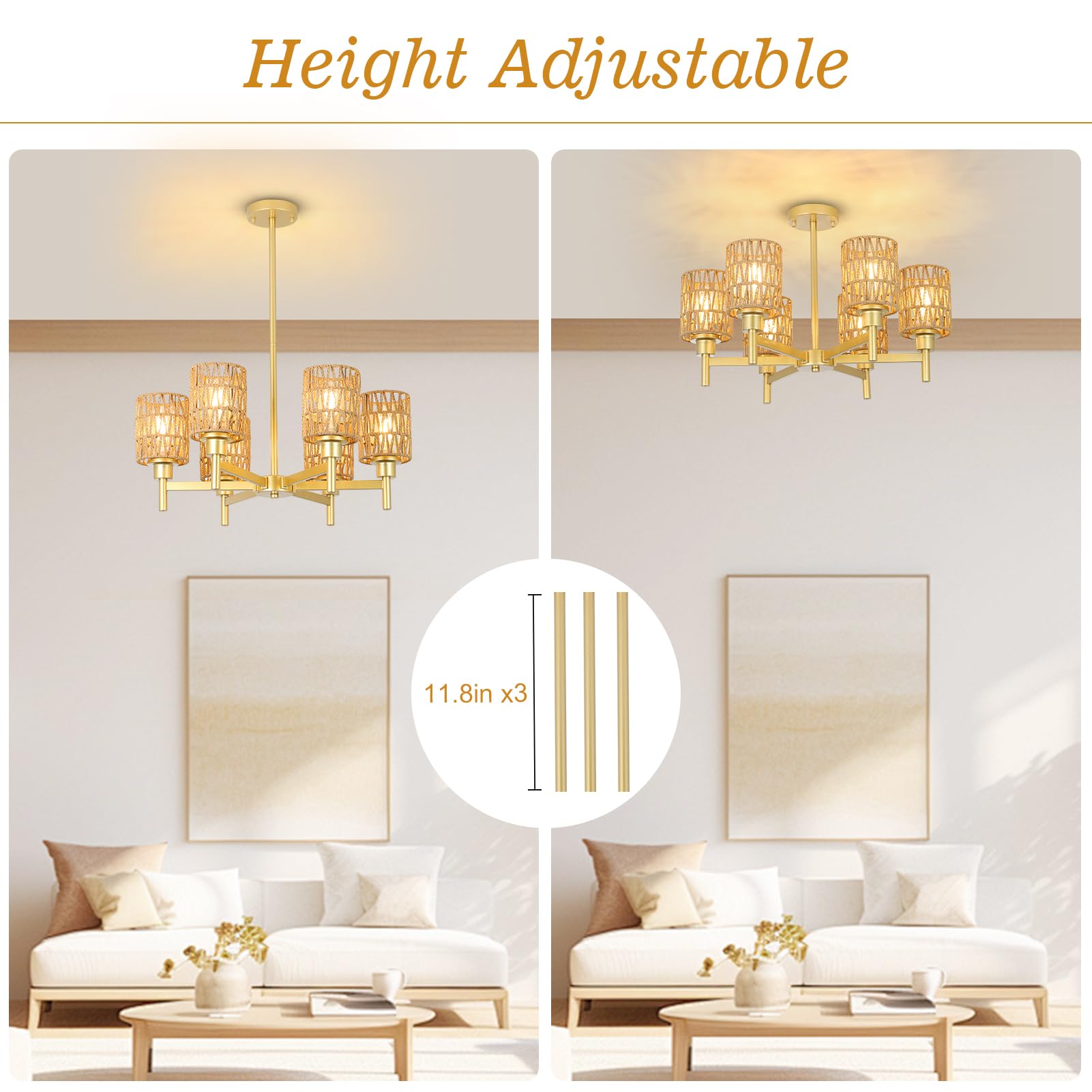 6-Lights Gold Chandelier Light Fixture - Boho Rattan Chandeliers for Dining Room, Farmhouse Kitchen Lighting Fixtures Ceiling, Hanging Pendant lights for Kitchen Island Bedroom Living Room Nursery
