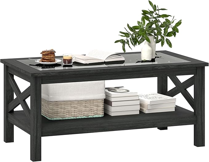 Glass Coffee Table, Modern Farmhouse Center Table with Storage, Side Table