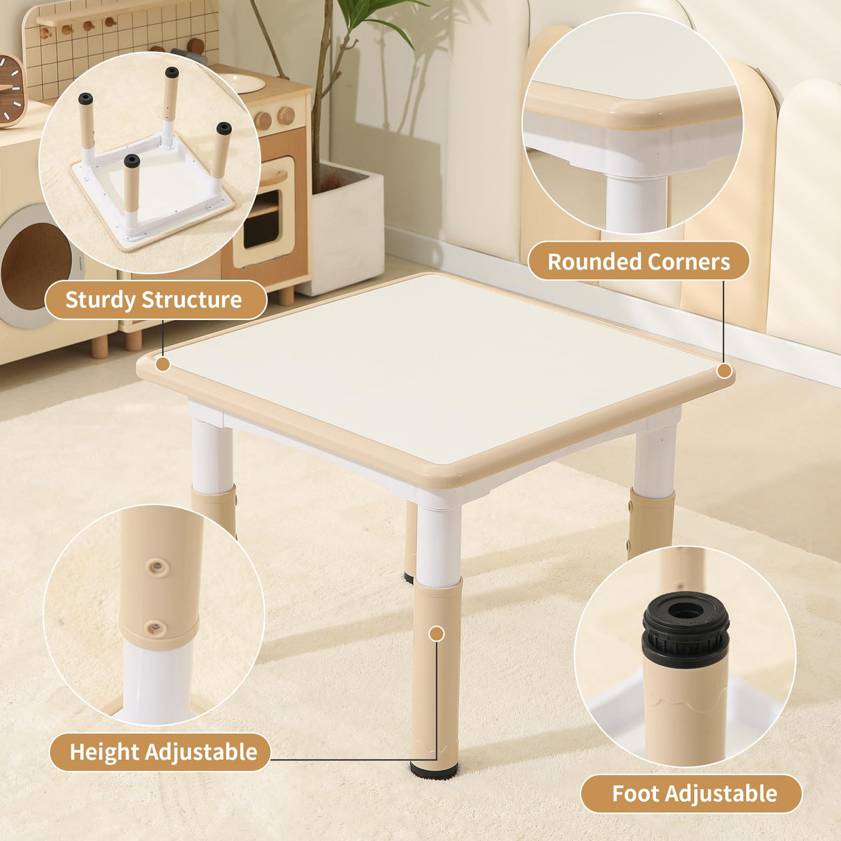 Hulaibit Kids Table and 2 Chairs Set, Height Adjustable Toddler Table and Chairs with Anti-Slip Foot Covers, Graffiti Desktop Arts & Crafts Table for Daycare, Classroom