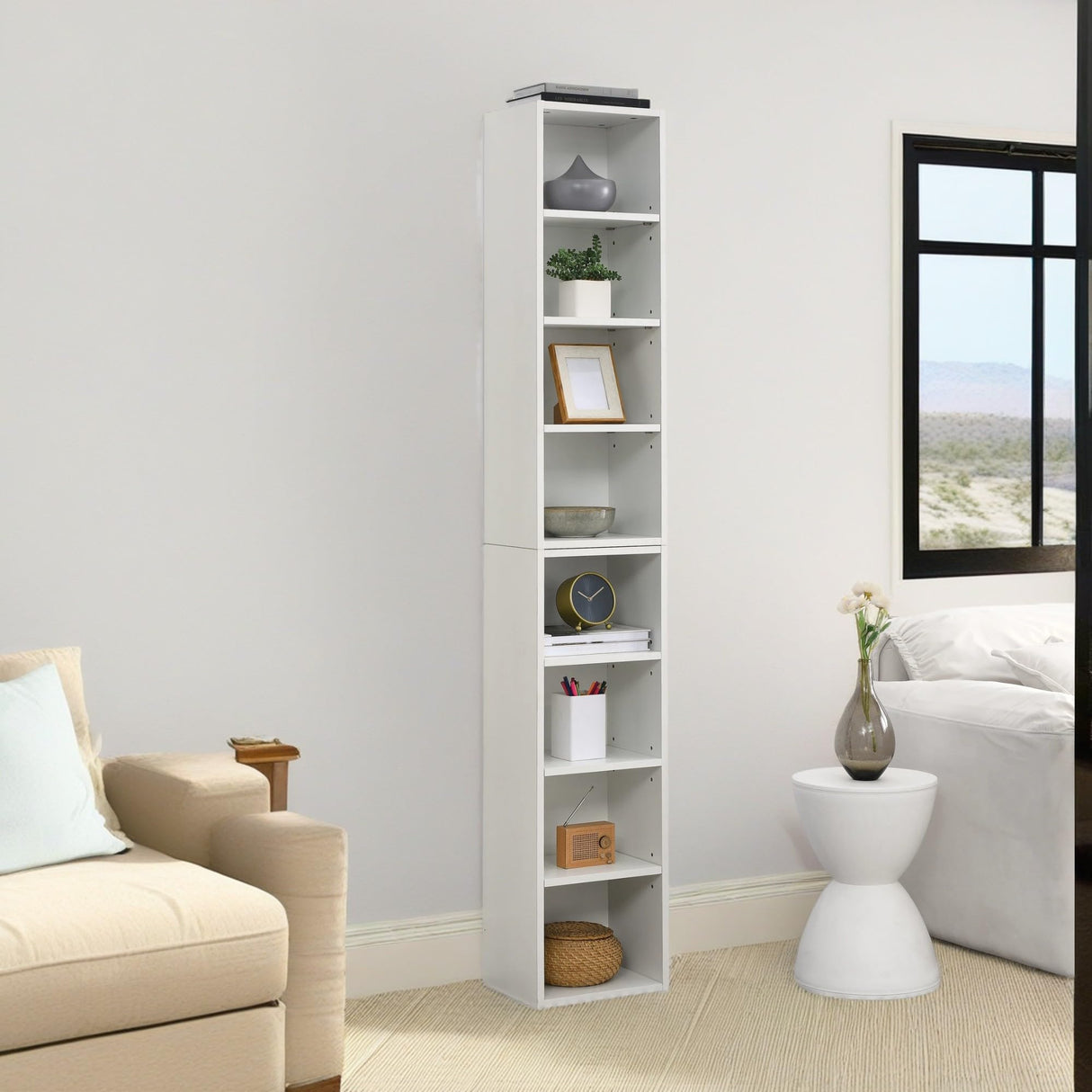 8-Tier Bookcase with Adjustable Shelves,Tall Narrow Book Shelf w/Storage, Display Bookshelf Multi-Functional Double-Decker Storage Organizer for Home Office (White)