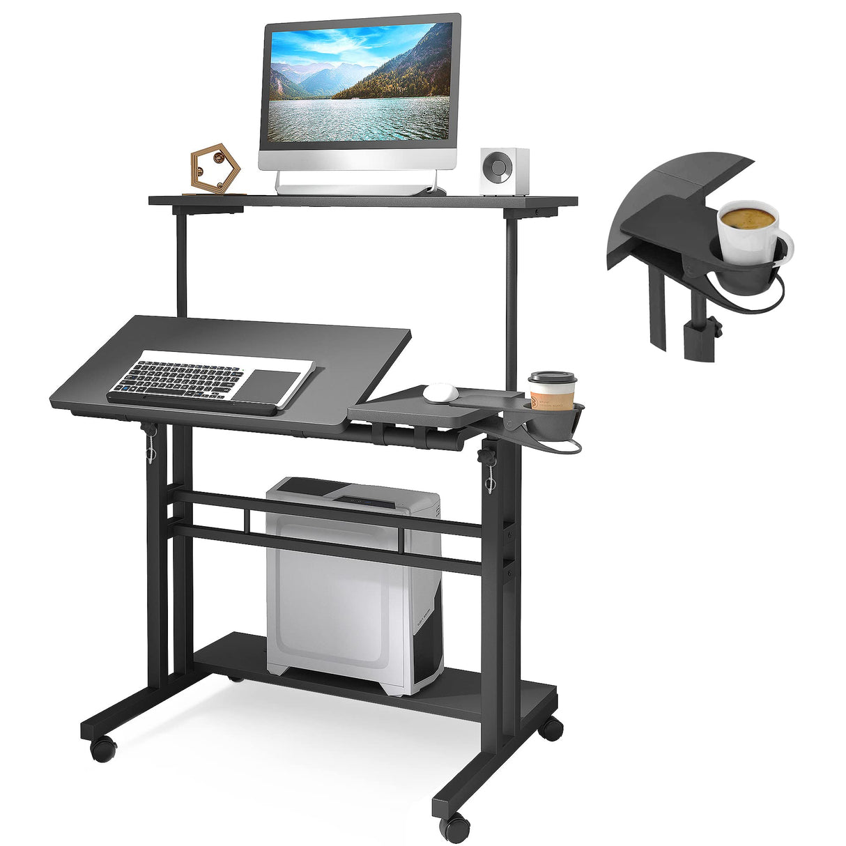 Mobile Standing Desk, Adjustable Rolling Computer Desk with 3 Desktops