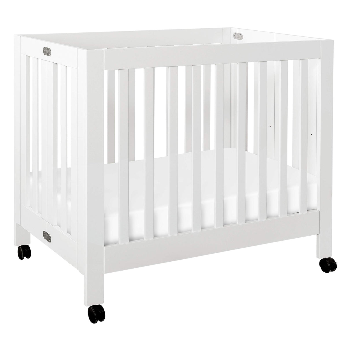 Origami Mini Portable Crib Folding with Wheels in White, 2 Adjustable Mattress Positions