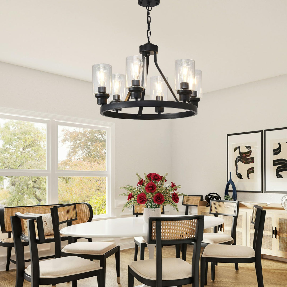 LOFTPLUS Farmhouse Chandelier 6-Light Black Dining Room Light Fixture with Glass Shade Ceiling Hanging Wagon Wheel Chandeliers for Living Room Kitchen Island Entryway Foyer