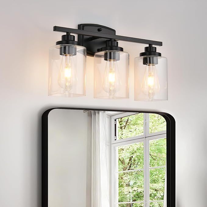 3 Lights Bathroom Vanity Light Fixtures Black Modern Wall Sconce Light with Clear Glass