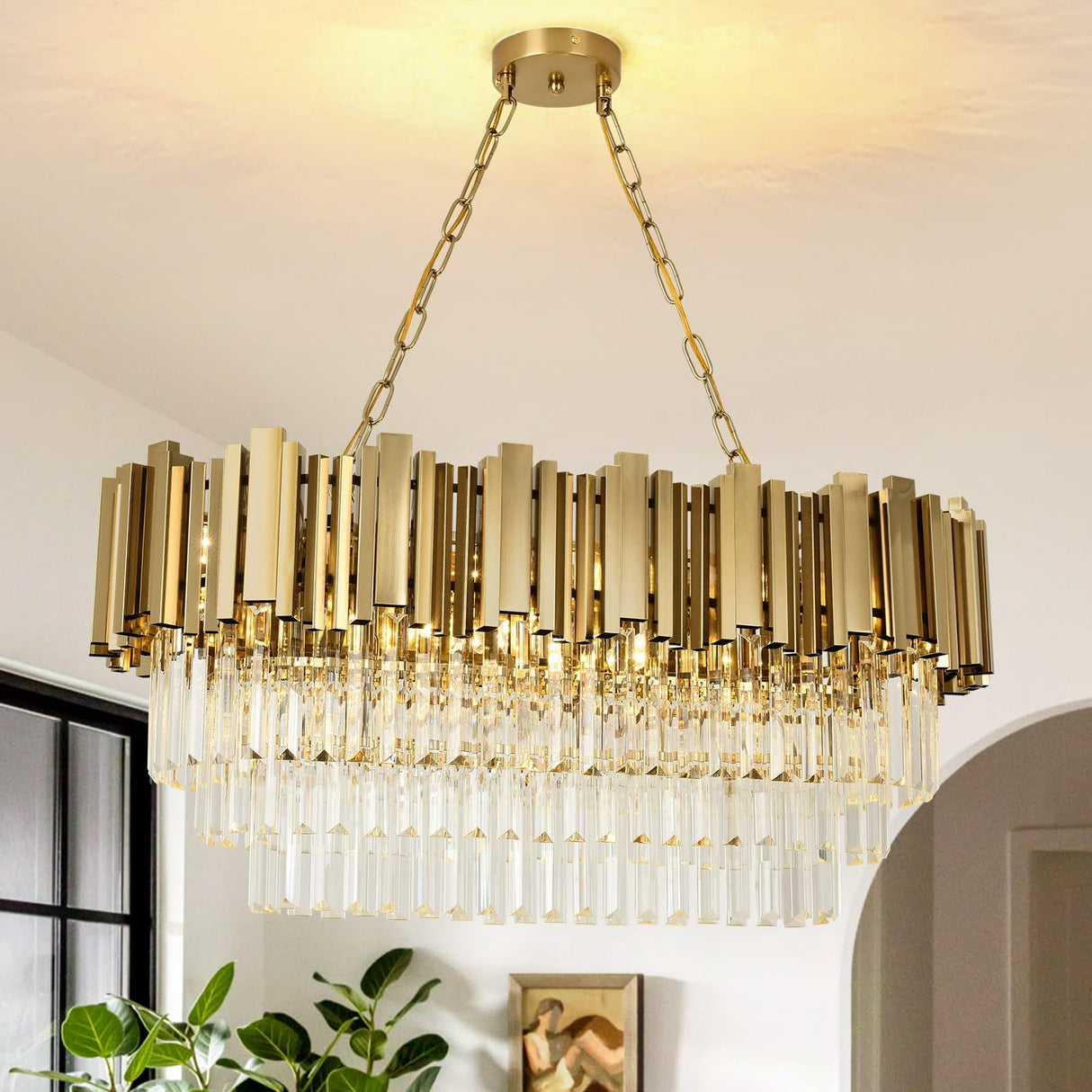 Crystal Chandelier Gold Pendant Light Fixtures, Oval Crystal Pendant Lighting for Living