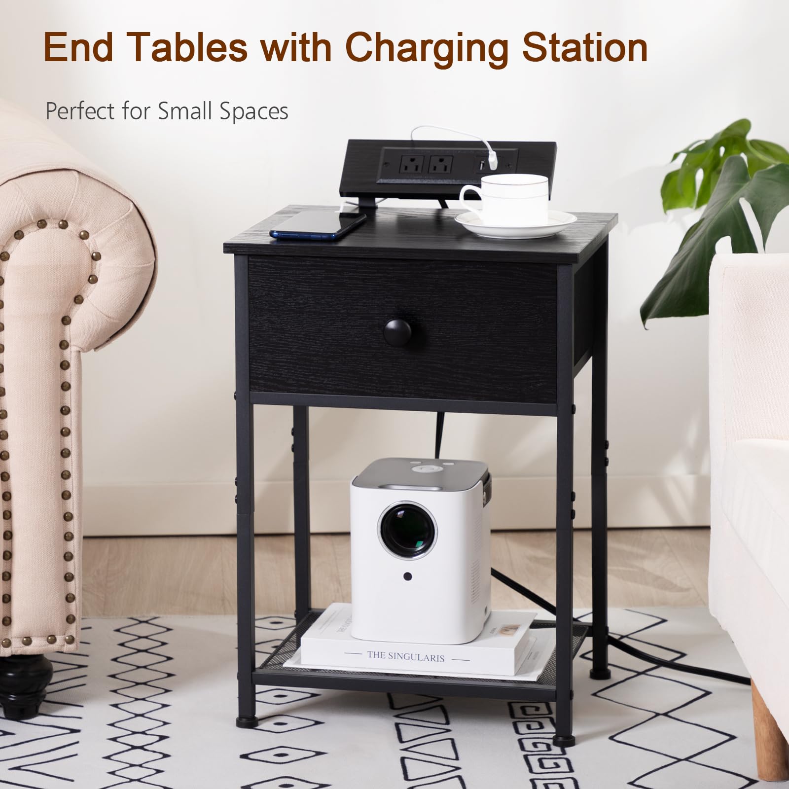 Night Stand, Black Nightstand Set of 2