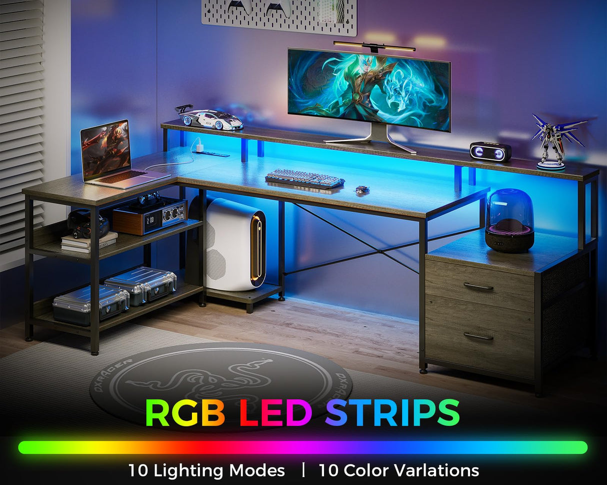 ODK L Shaped Desk with File Drawer, 75" Reversible L Shaped Computer Desk with Power Outlet & LED Strip, Office Desk with Storage Shelves, Gaming Desk with Monitor Shelf, Corner Desk, Grey Oak