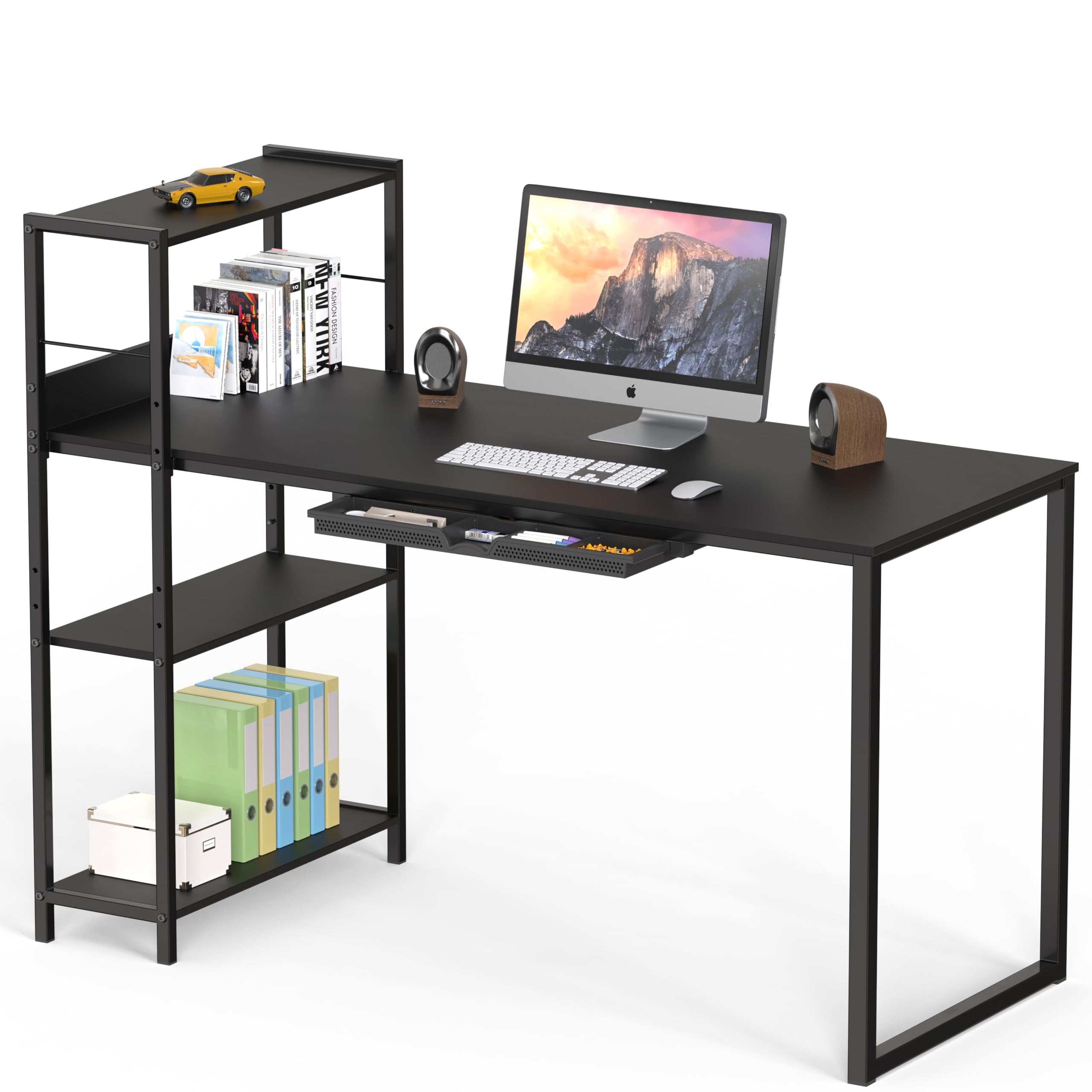 SHW 46-Inch Computer Desk with Adjustable Side Shelf and Drawer, 24" Deep, Black