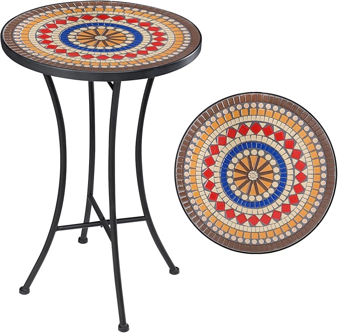 Mosaic Outdoor Side Table, 14" Round Folding Plant Stand for Patio Garden Backyard