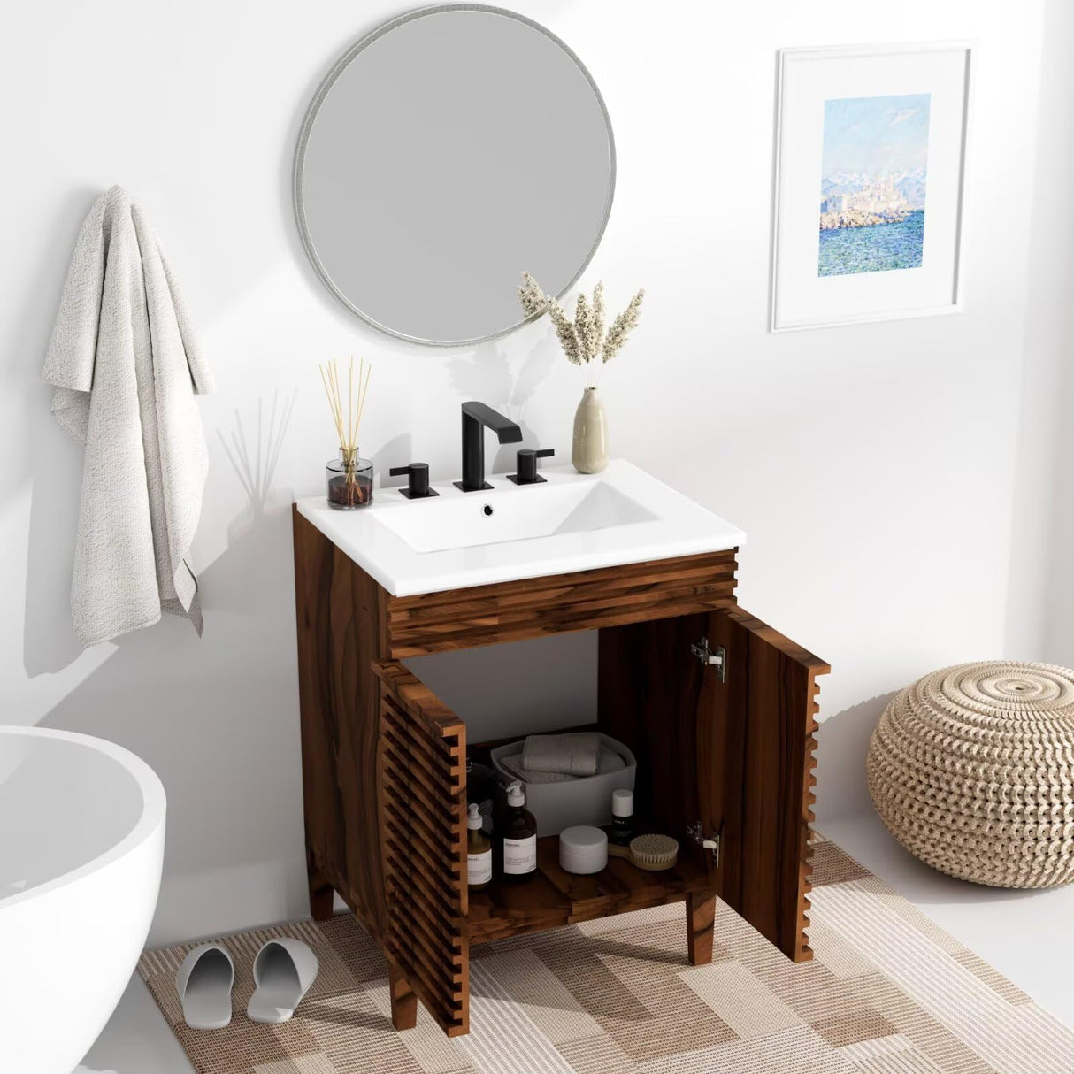 24" Nature Acacia Wood Bathroom Vanity with Integrated Ceramic Sink and Sliver Round